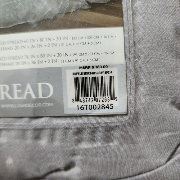 Lush Decor Gray Full Ruffle Skirt Bedspread 3PC Farmhouse Bedding Set Open Box - Picture 4 of 6